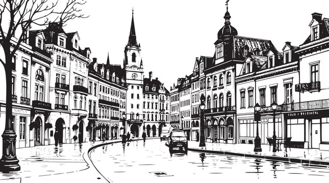 City landscape. Different buildings on street, outline cityscape hand sketch, flat houses. Hand drawn vector illustration