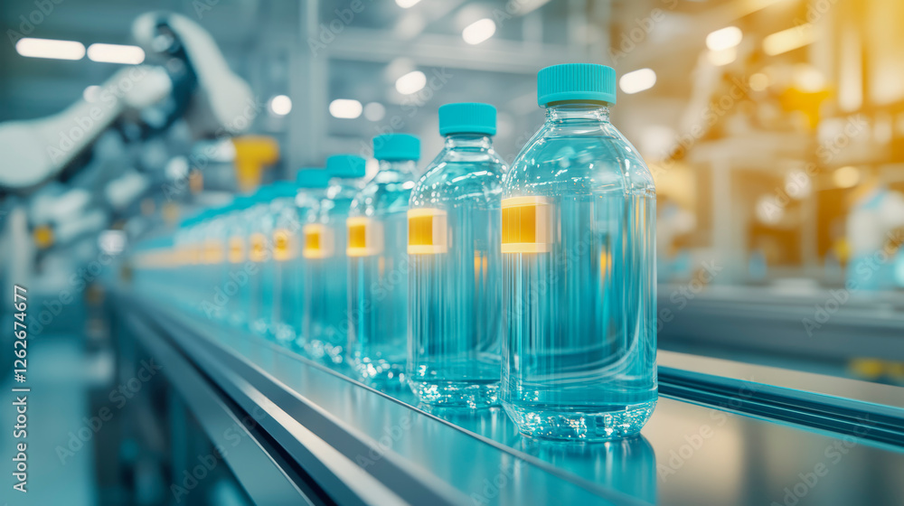 Poster cutting-edge automated bottling line in a modern factory ensures efficient production of clear plast
