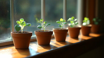 Young plants in terracotta pots on sunny windowsill