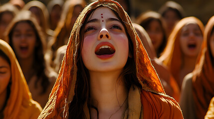 Young woman sings, orange robes, crowd, desert, religious ceremony, stock photo