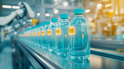 Cutting-edge automated bottling line in a modern factory ensures efficient production of clear plastic water bottles with precision.