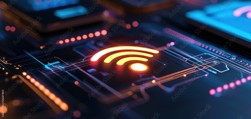 Poster a close-up view of a glowing wi-fi symbol on a circuit board, symbolizing connectivity and technolog