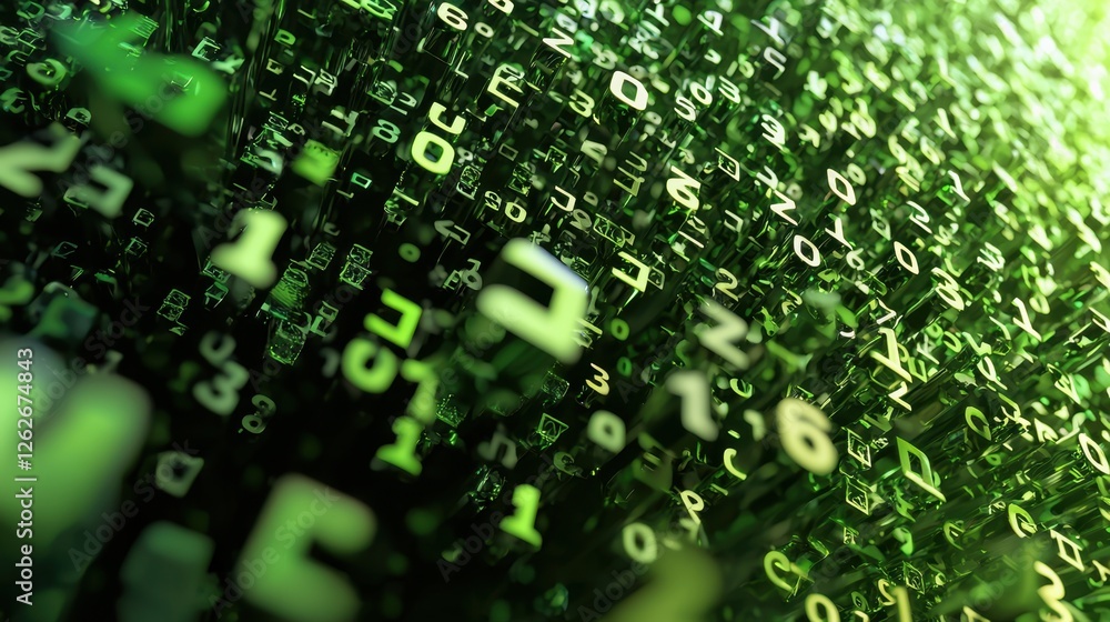 Poster digital environment filled with glowing green numbers and symbols creating a futuristic atmosphere