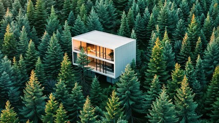 Stylish home blends with nature, surrounded by lush green trees, highlighting contemporary architecture and peaceful surroundings