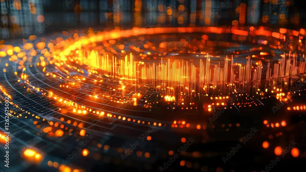 Poster a close-up of glowing orange data visualization with futuristic digital elements