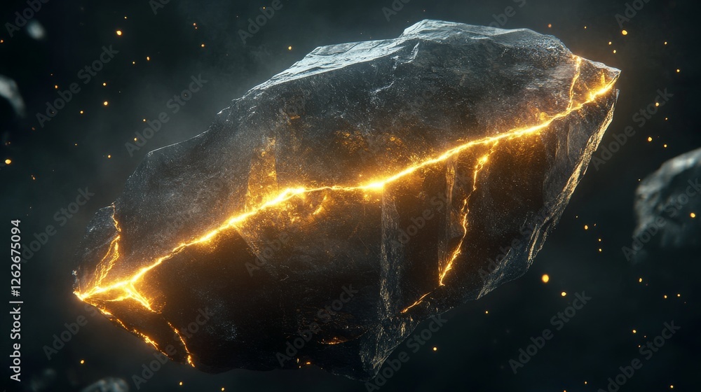 Poster a large, dark crystal stone floating in space with several glowing cracks running across its surface