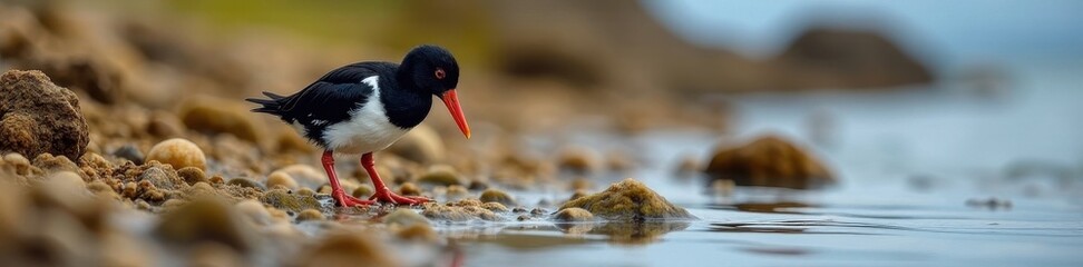 Oystercatcher chick foraging near parent on rocks , foraging, stone, animal photography