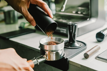 Freshly roasted coffee beans poured into a bucket bottomless of portafilter equipment coffee tools preparing for grinding and brewing. The perfect start to rich and flavorful coffee experience.