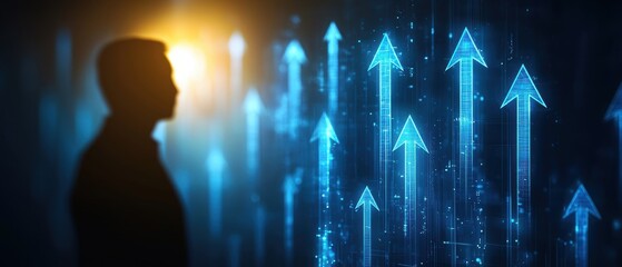 A silhouette of a person stands against a backdrop of glowing blue arrows, symbolizing progress and upward movement in a digital landscape.