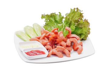 Fried red sausage with Tomato Sauce and mayonnaise salad cucumber on plate  isolated white background.