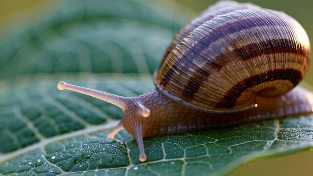Close-up video shot of a snail on a leaf, showcasing its textured shell and the leaf's veins. Captured from a side angle, emphasizing nature's detail.