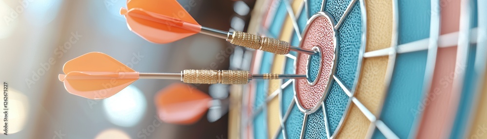 Poster a close-up view of a dartboard with three darts stuck in the bullseye, showcasing vibrant colors and