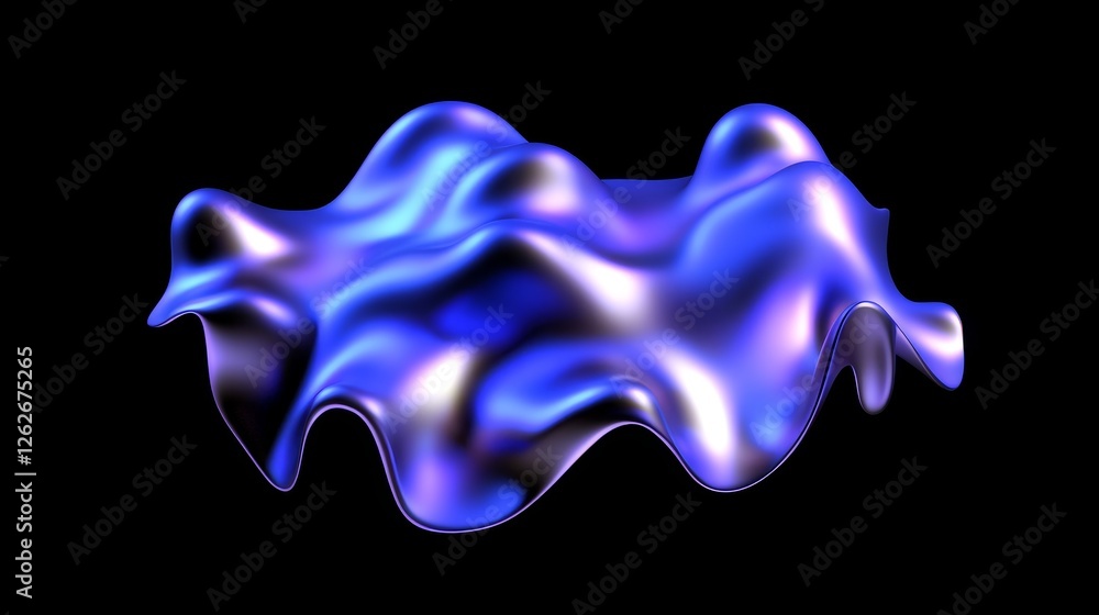 Poster 3d render of an abstract liquid blob with a purple and blue gradient on a black background, showcasi