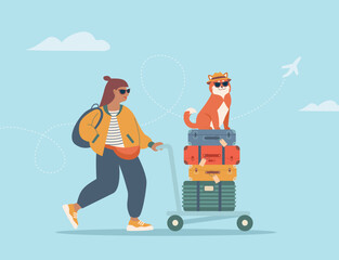 Young girl  traveler with luggage and stylish dog, airport trip, vacation adventure, pet-friendly travel, fun journey, modern tourism, travel buddy, flying with pets, relaxing getaway.