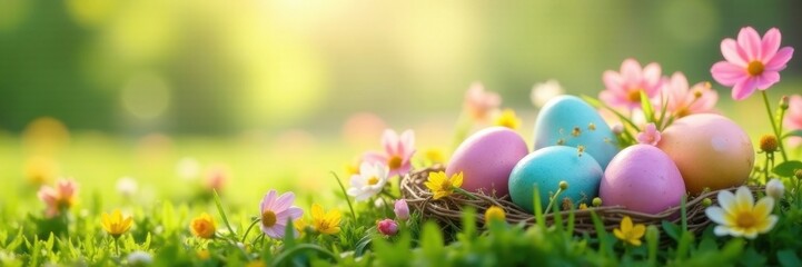 Pastel Easter eggs nestled in blooming spring flowers, sunlit grass , easter basket, painted eggs, eggs