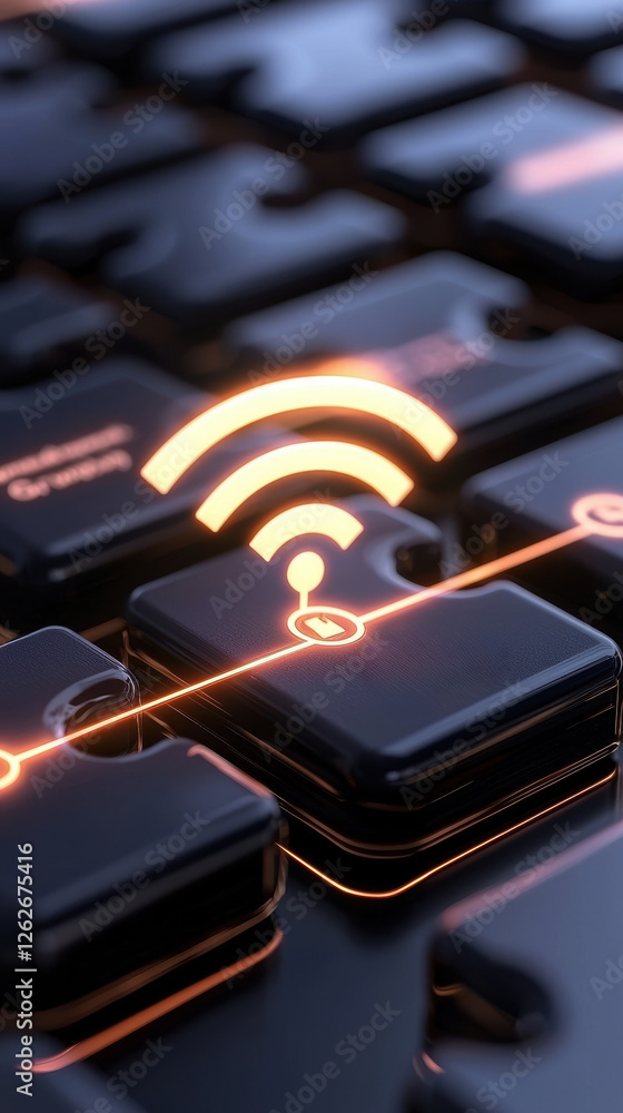 Poster a close-up view of a computer keyboard featuring a glowing wi-fi symbol, representing connectivity a
