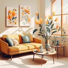 Modern Living Room with Minimalistic Furniture in Flat 2D Style