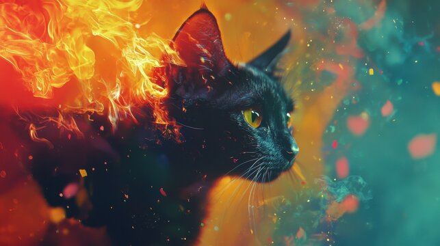 Black cat with flames and vibrant colors in a fantastical setting during twilight hours