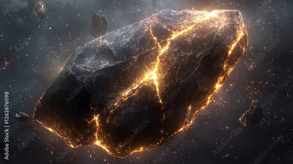 Aufkleber a large, dark crystal stone floating in space with several glowing cracks running across its surface