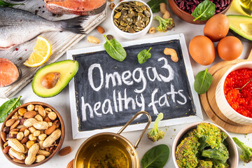 Variety food rich in Omega-3, ALA, EPA, DHA healthy fatty acids sources, Animal and vegetable...