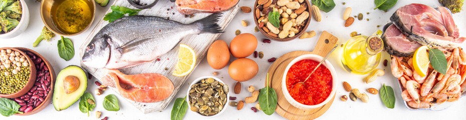 Variety food rich in Omega-3, ALA, EPA, DHA healthy fatty acids sources, Animal and vegetable sources of omega3, healthy fats, vitamin and antioxidants. Healthy keto and low carb diet food