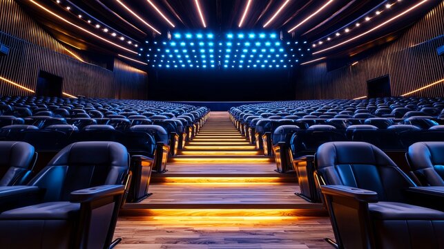 A lecture hall stands empty, featuring rows of plush seats and a brightly illuminated stage, poised for a presentation
