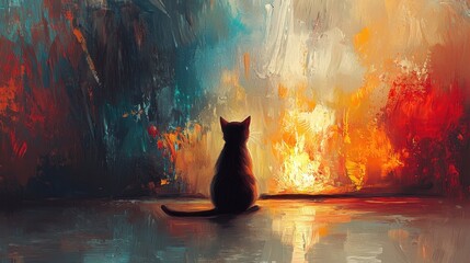 Cat gazes at colorful abstract art in a serene indoor setting during evening hours