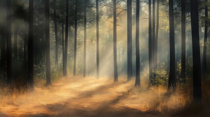 Obraz premium Oregon Forest Photography: A misty morning with towering pines and dappled light creates an enchanting woodland scene.