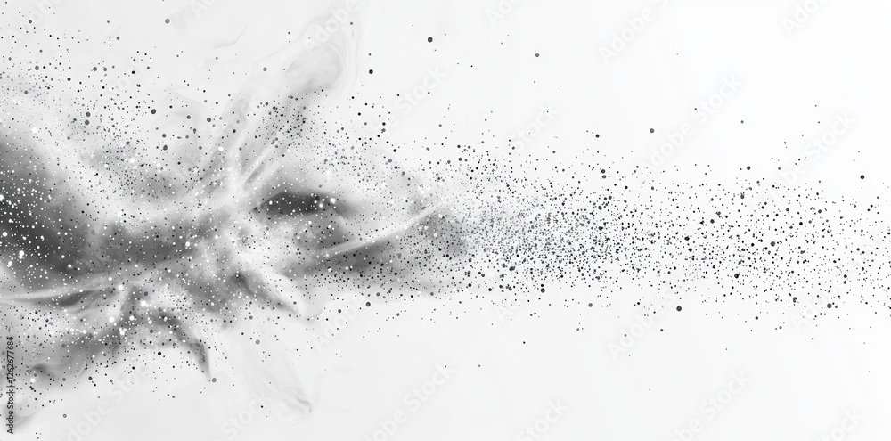Poster on a white background, there is an abstract texture of dust particles and grains overlaid with a mod