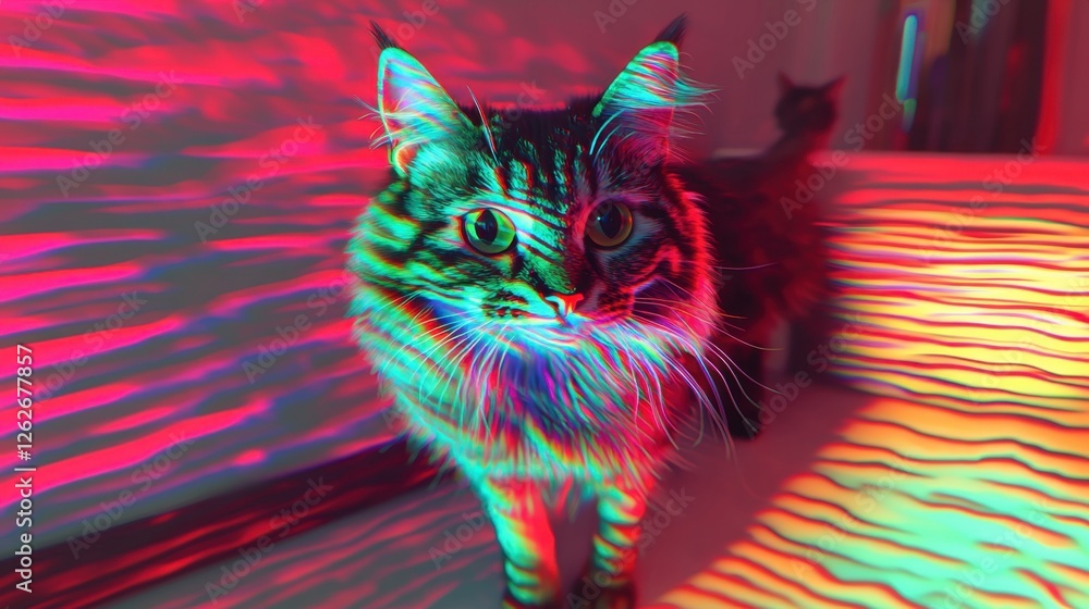 Poster colorful cat standing indoors with vibrant light patterns creating an abstract background during a p