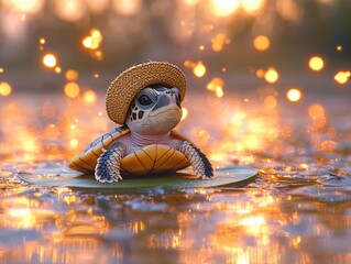 Adorable and Relaxed Baby Turtle With a Tiny Straw Hat, Gently Floating on a Lily Pad in a Quiet Pond, Glowing Fireflies Dancing Around