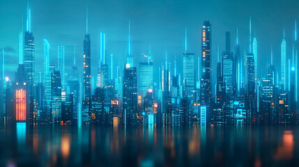 Futuristic cityscape with glowing skyscrapers reflecting on water, showcasing advanced architecture, urban innovation, and modern city design.