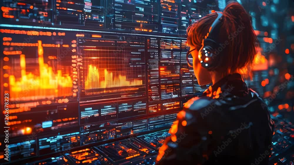 Poster a woman analyzing digital data on a futuristic screen. cyber analytics and artificial intelligence c