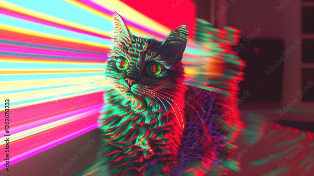Poster colorful cat portrait with vibrant light trails creating an abstract effect in a cozy indoor setting