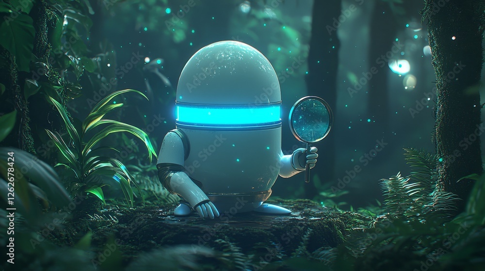 Poster a 3d illustration of a robot holding a magnifying glass in a natural setting, suggesting it's design