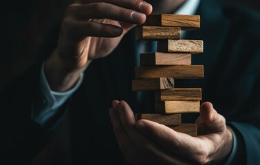 A focused businessman carefully stacking wooden blocks, symbolizing strategy and planning, with a dark background highlighting the wooden texture and subtle emotions