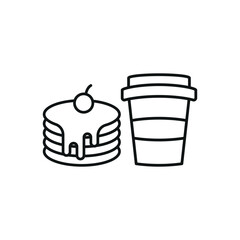 Drink and pancake set food icon in flat style, featuring a refreshing beverage in a cup with a straw and a stack of fluffy pancakes with syrup.
