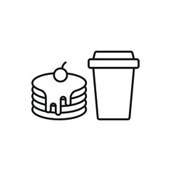 Drink and pancake set food icon in flat style, featuring a refreshing beverage in a cup with a straw and a stack of fluffy pancakes with syrup.