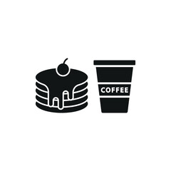 Drink and pancake set food icon in flat style, featuring a refreshing beverage in a cup with a straw and a stack of fluffy pancakes with syrup.