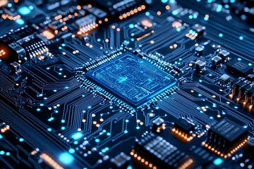 Fototapeta premium A contemporary illustration of a blue circuit board with detailed digital tech elements, perfect for futuristic technology backgrounds.