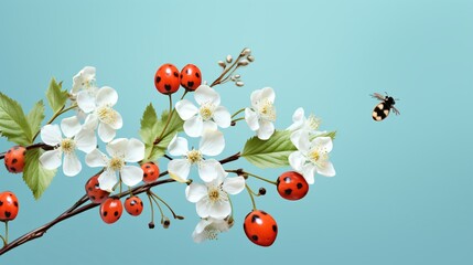 Delicate White Forest Flower with Ladybug on Blue Background