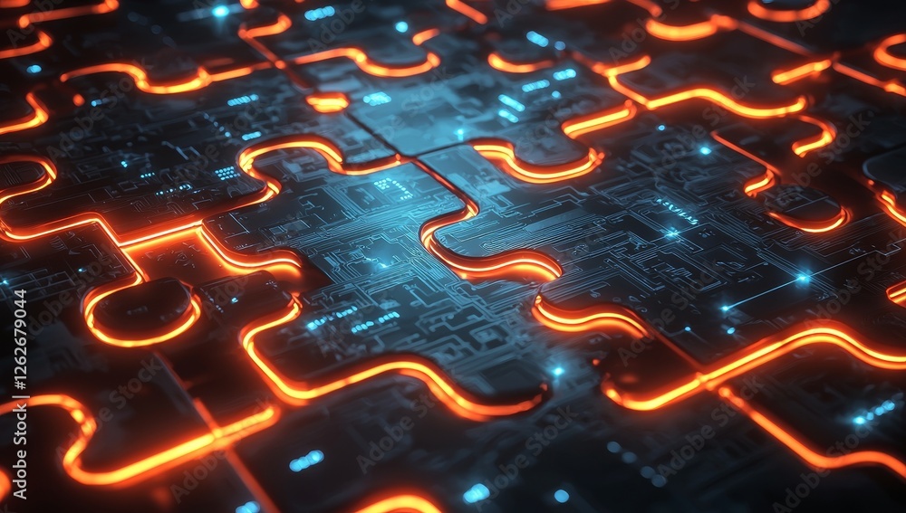 Poster a high-tech abstract background with interconnected puzzle pieces, illustrating the cohesive integra