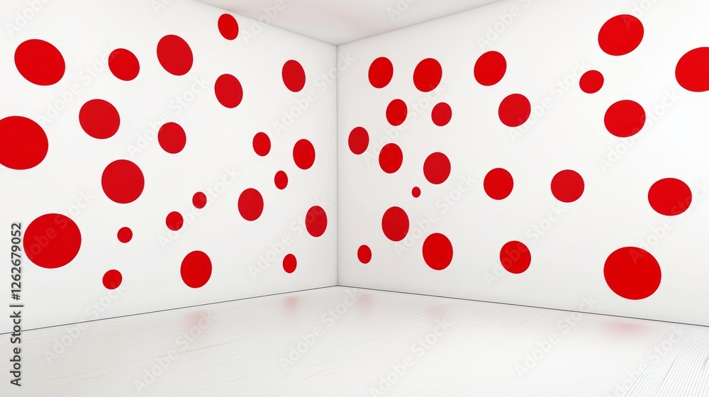 Poster in a minimalist setting, a long white room features red dots on every surface, illuminated by light 