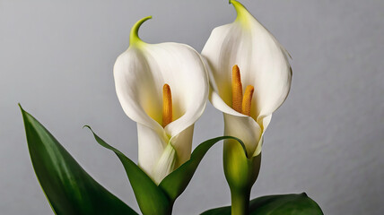 Two elegant white calla lilies bloom side by side, showcasing their smooth petals and vibrant yellow spadices, surrounded by glossy green leaves against a soft gray background.