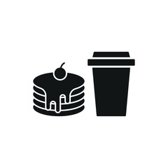 Drink and pancake set food icon in flat style, featuring a refreshing beverage in a cup with a straw and a stack of fluffy pancakes with syrup.