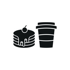 Drink and pancake set food icon in flat style, featuring a refreshing beverage in a cup with a straw and a stack of fluffy pancakes with syrup.