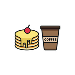 Drink and pancake set food icon in flat style, featuring a refreshing beverage in a cup with a straw and a stack of fluffy pancakes with syrup.