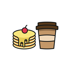 Drink and pancake set food icon in flat style, featuring a refreshing beverage in a cup with a straw and a stack of fluffy pancakes with syrup.
