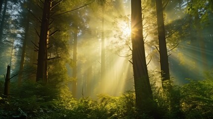 Golden sunlight streaming through dense forest trees, illuminating the lush green undergrowth.