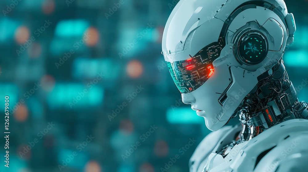 Poster advanced futuristic robot with glowing eyes showcasing cutting-edge ai technology, ideal for robotic